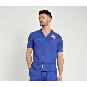 Native Youth Men's FARRAGO EMBROIDERED VISCOSE Button Front Shirt Blue L